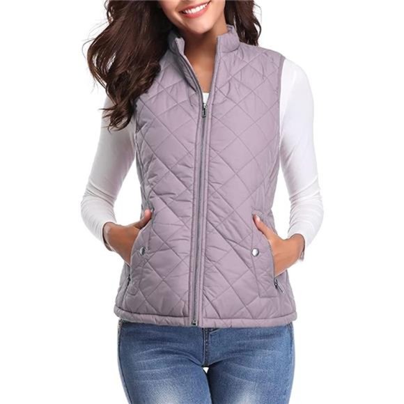 Fuinloth Women's Quilted Vest, Stand Collar Lightweight Zip Padded Gilet